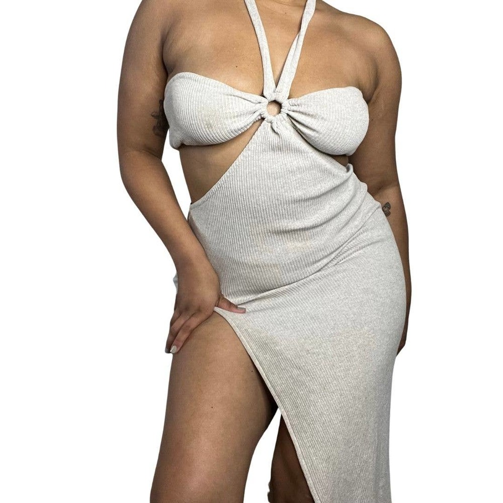 Stone/Beige PrettyLittleThing Ribbed Thigh Slit Maxi Dress